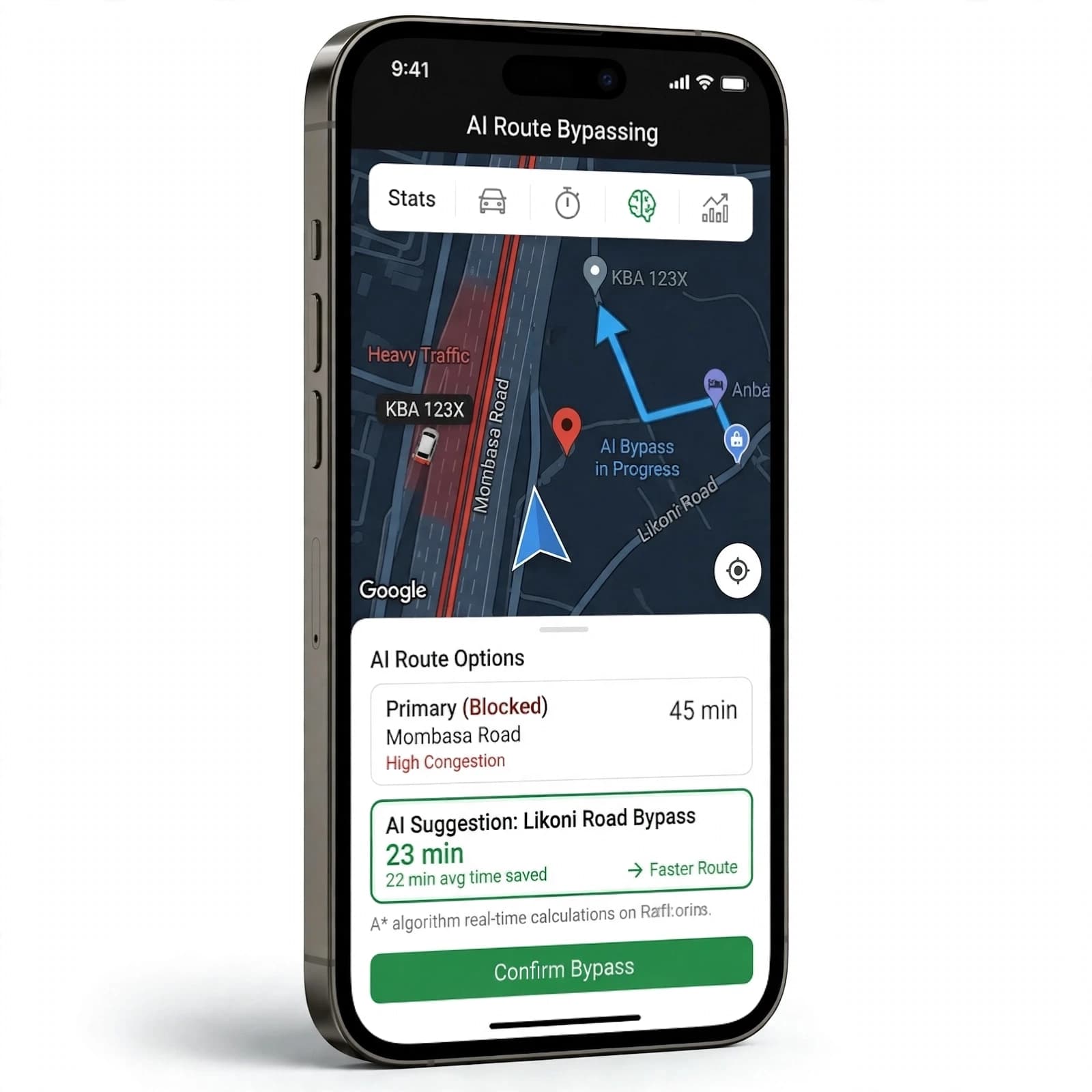 Ma3flow app AI traffic bypass suggestion saving time on Thika Road