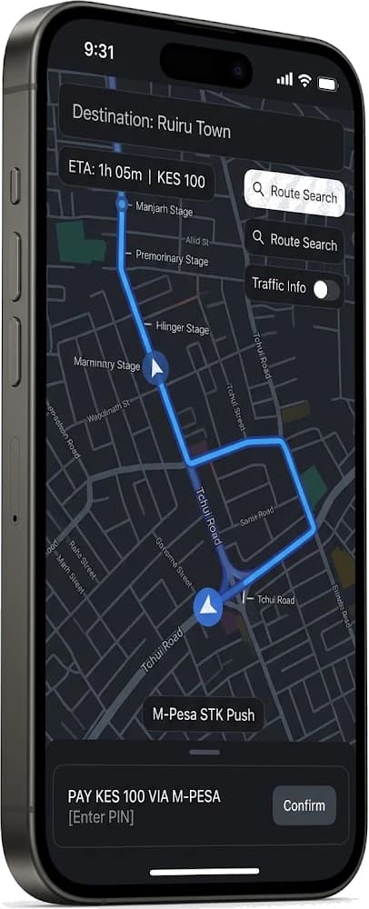Ma3flow app showing live matatu GPS tracking on the map